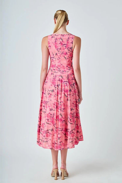 Sheena Florals Sleevless Linen Midi Dress - Pink