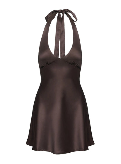 Pelagia Halter Scarf Tie Mini Dress Brown Petite
