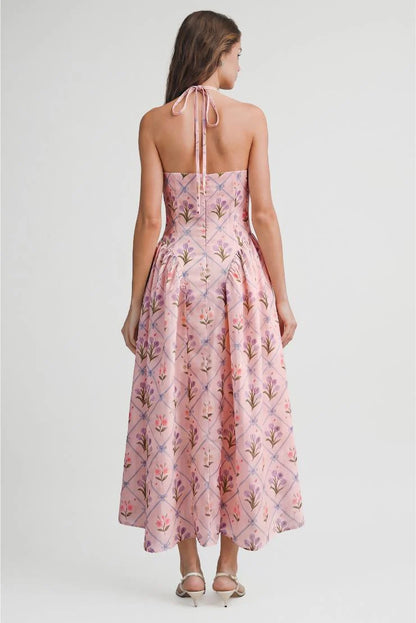 Fiona Floral Jaquard Halter Midi Dress - Pink
