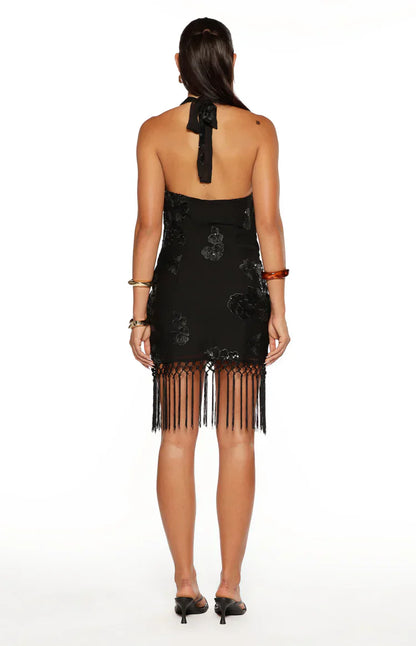 Rhani Black Sequin Tassel Cowl Mini Dress