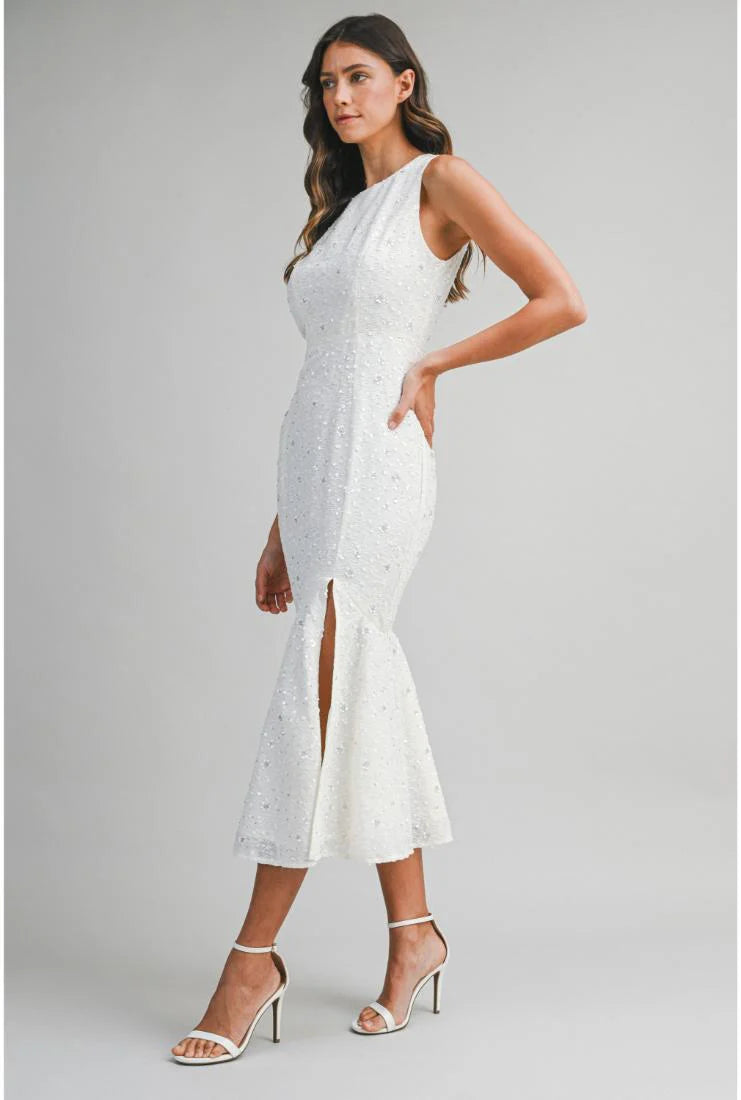 Whitney Beaded Sequin Mermaid Hem Midi Dress - White
