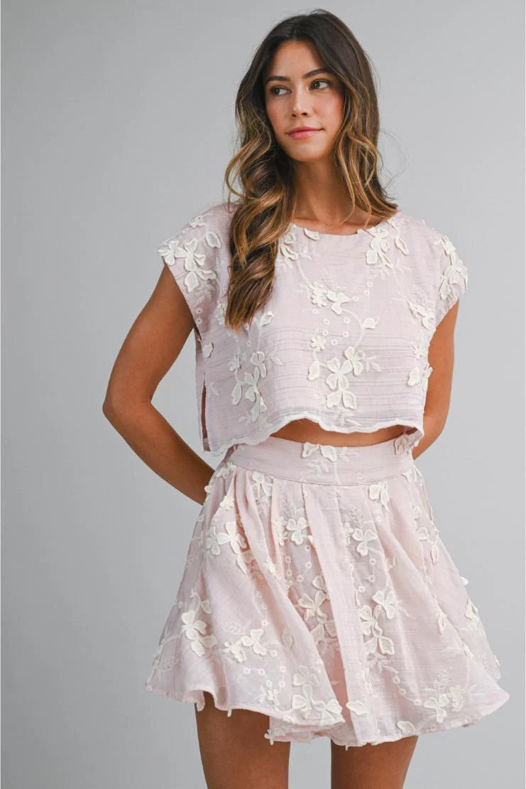 PRE-ORDER ONLY! ETA May 15th!  Isabella Floral Applique Embroidered Crop Top and Mini Skirt (Sold Separately) Blush Pink