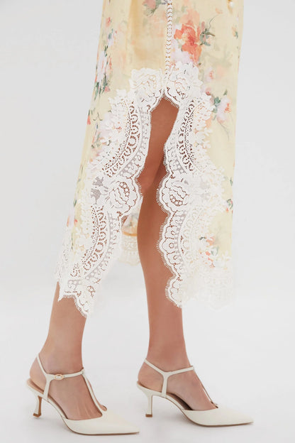 Yellow Watercolour Floral Everley Lace Trim Slip Dress