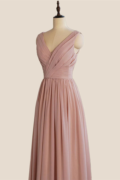 V Neck Blush Pleated A-line Long Dress