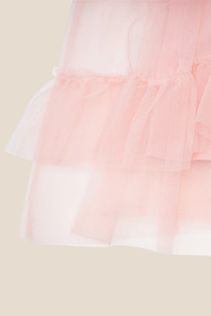 V-neck Pink Ruffle Tiered A-line Long Dress