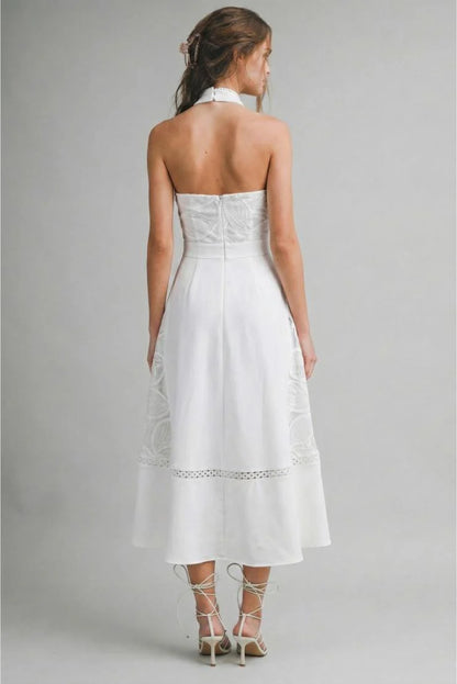 Celine Halter Neck Lace Midi Dress - White