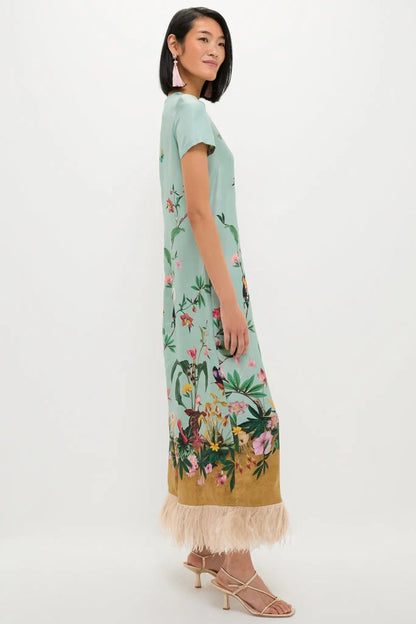 Zooflora Panel Swing Dress with Feathers
