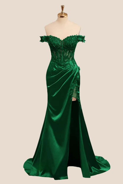 Lace Off the Shoulder Navy Blue Satin Mermaid Dress