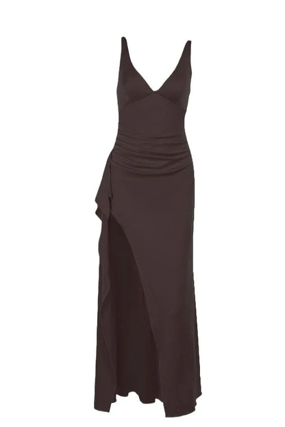 V Neck Red Fitted Frill Long Party Dress