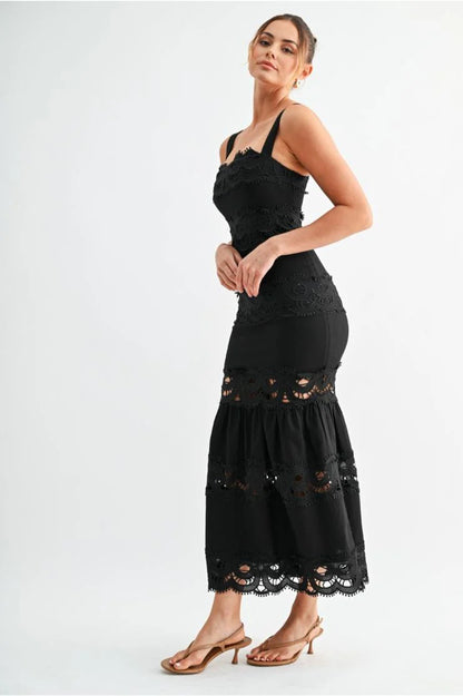 Raven Lace Tiered Midi Dress - Black