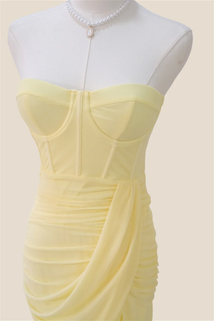 Strapless Light Yellow Ruched Long Dress with Slit