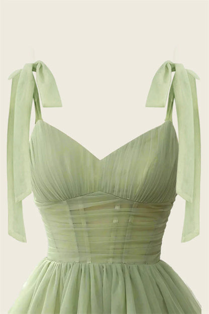 V-neck Sage Green Pleated A-line Short Dress