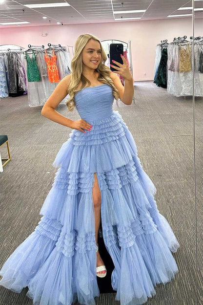 Strapless Periwinkle Tulle Tiered Formal Dress