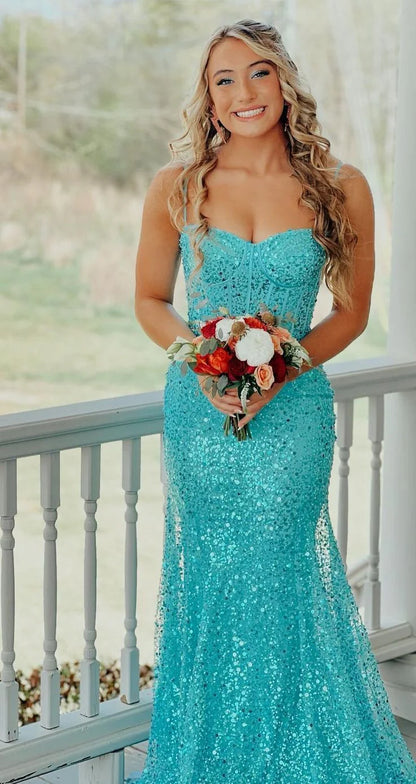 Light Blue Sequin Mermaid Long Formal Dress
