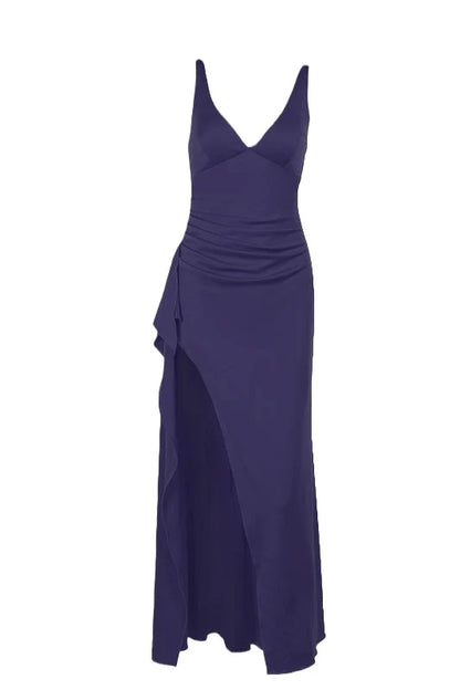 V Neck Red Fitted Frill Long Party Dress