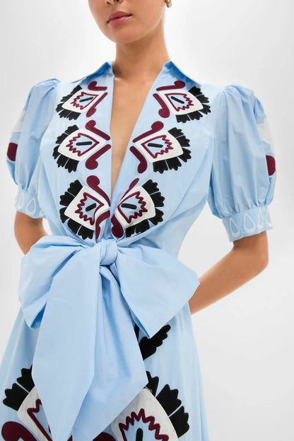 Blue Artisanal Short Sleeve Maxi Dress