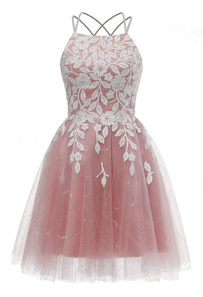 Wine Red Tulle and White Appliques A-line Dress
