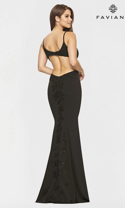 Faviana Gold-Beaded Navy Blue Long Prom Dress