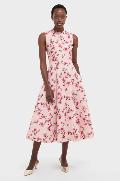 Red Summer Lillies on Pink Mara Midi Dress