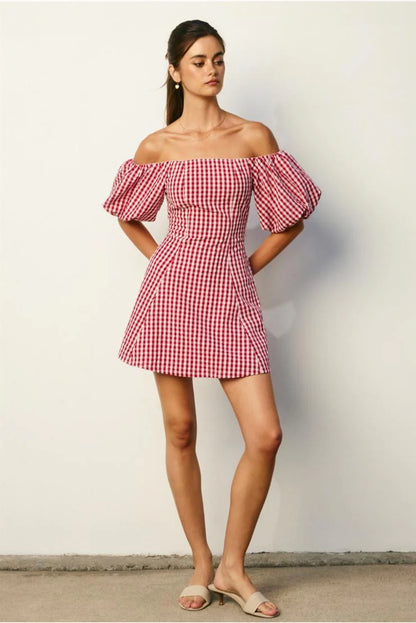 Margot Retro Gingham Off The Shoulder Mini Dress - Red