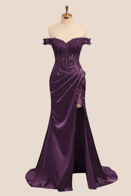 Lace Off the Shoulder Black Satin Mermaid Dress