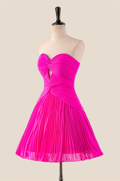 Strapless Hot Pink Pleated A-line Short Dress