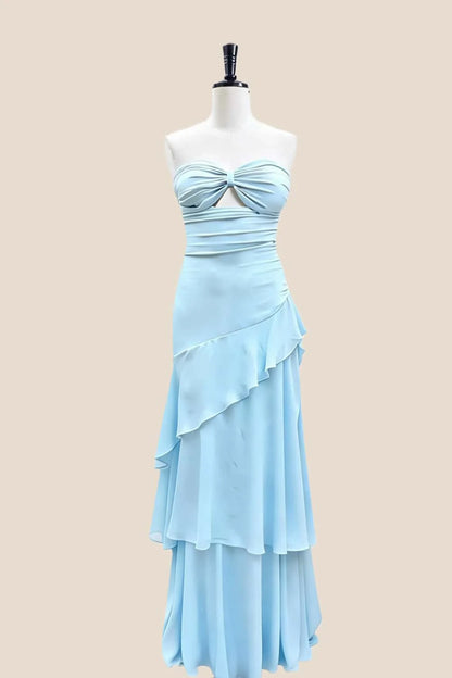 Keyhole Light Blue Chiffon Ruffle Maxi Dress