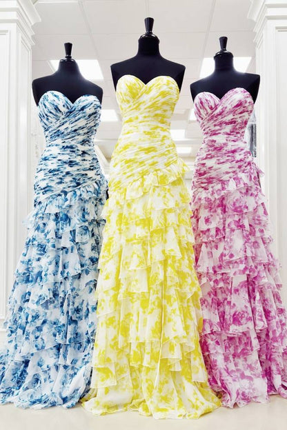 Strapless Pink Floral Print Ruffle Long Dress