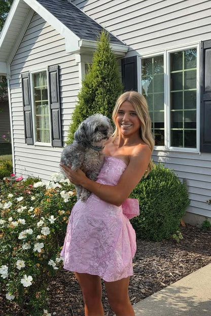 Strapless Pink Back Bow A-line Short Dress