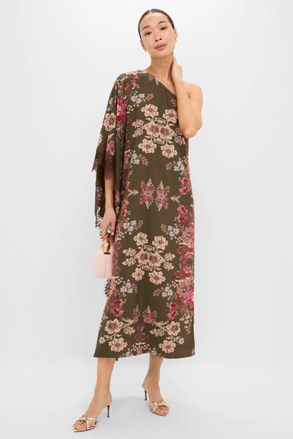 Olive Ornate Lace Floral One Shoulder Isla Dress