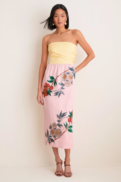 Powder Pink Embroidered Satin Strapless Sonia Dress