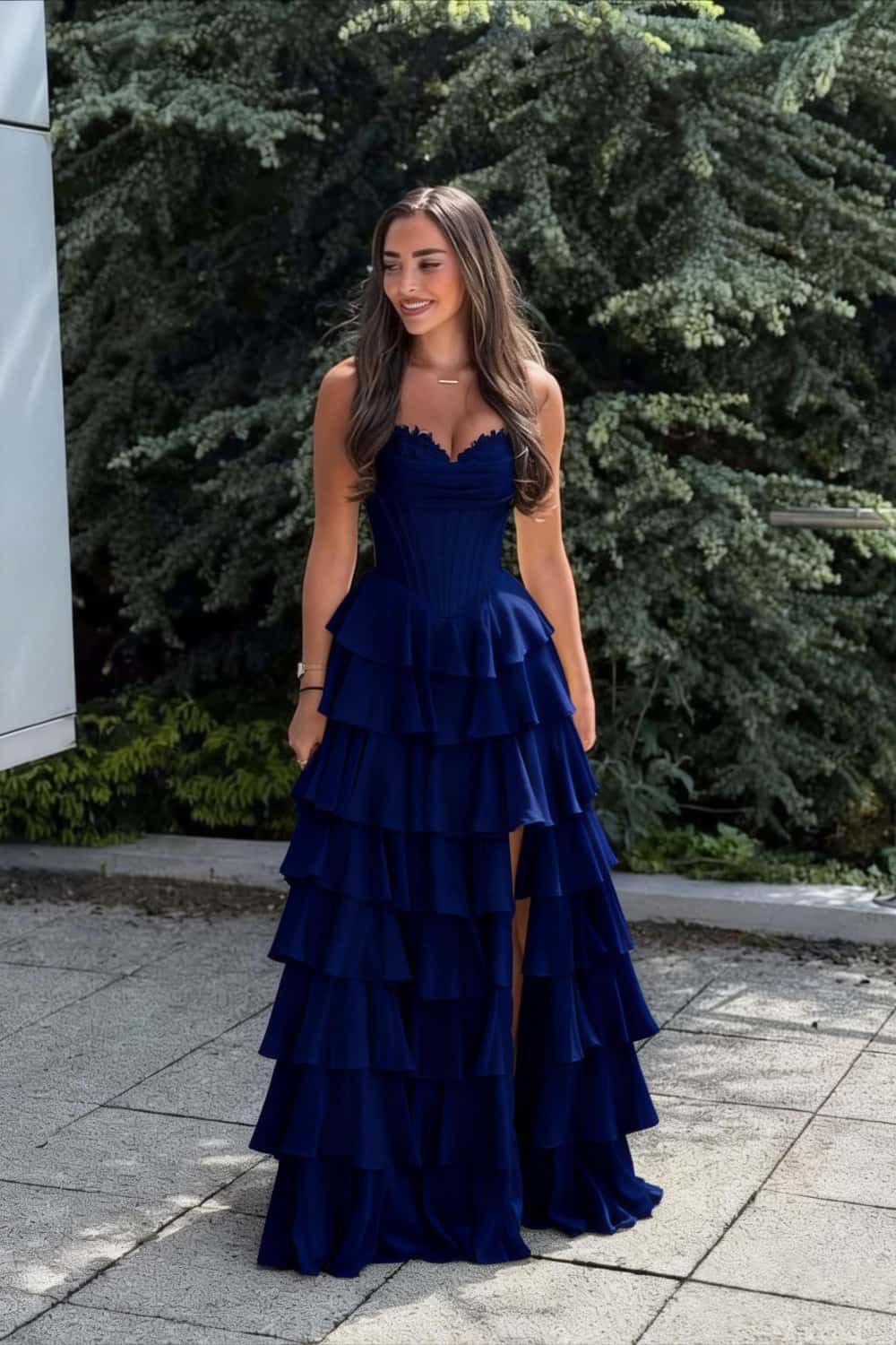 Yellow Corset Chiffon Tiered Formal Gown