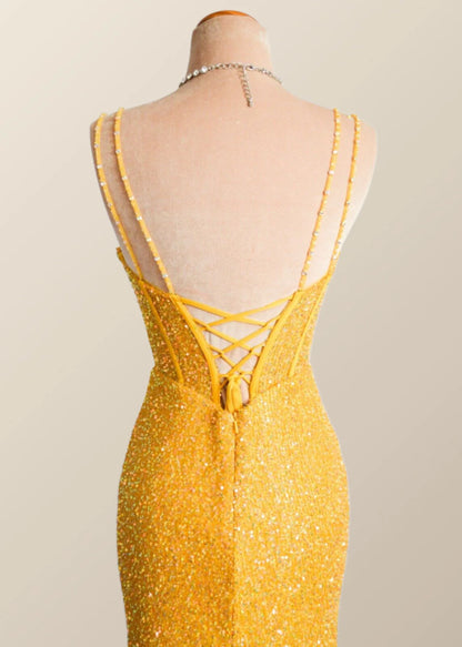 Yellow Sequin Corset Mermaid Long Party Dress