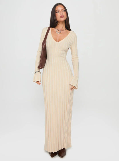 Gratuita Long Sleeve Rib Maxi Dress Cream