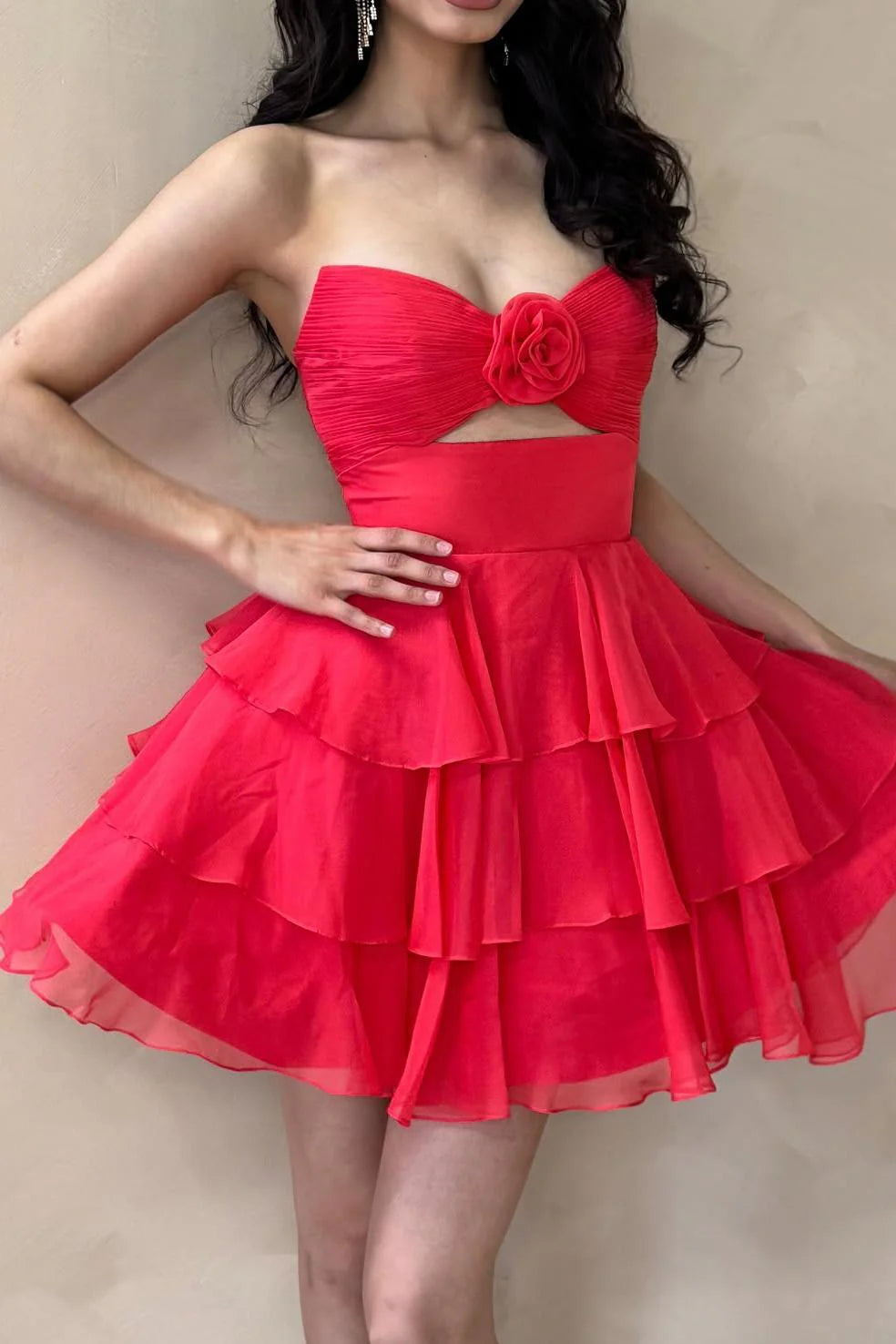 Strapless Yellow Pleated Tiered Short Dress with Rosette