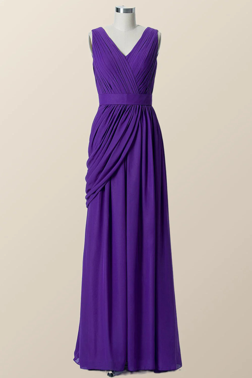 V Neck Purple Pleated Chiffon A-line Bridesmaid Dress