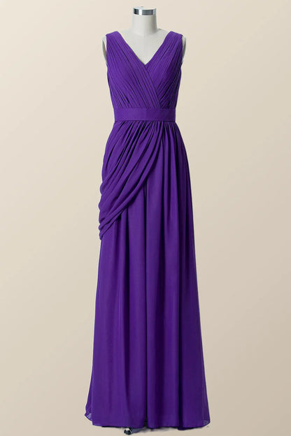 V Neck Purple Pleated Chiffon A-line Bridesmaid Dress