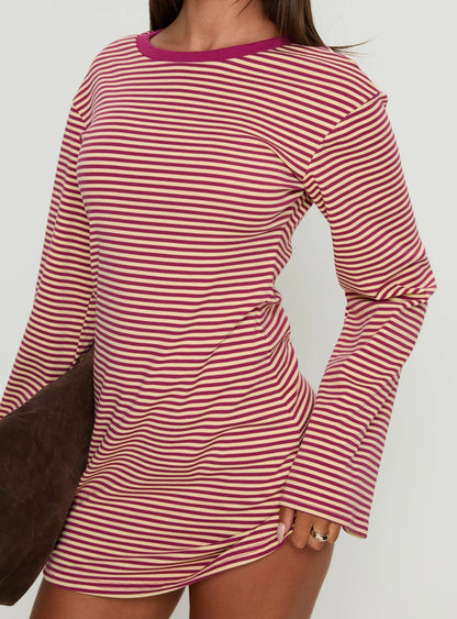 Lulolah Long Sleeve Mini Dress Lemon / Burgundy Stripe