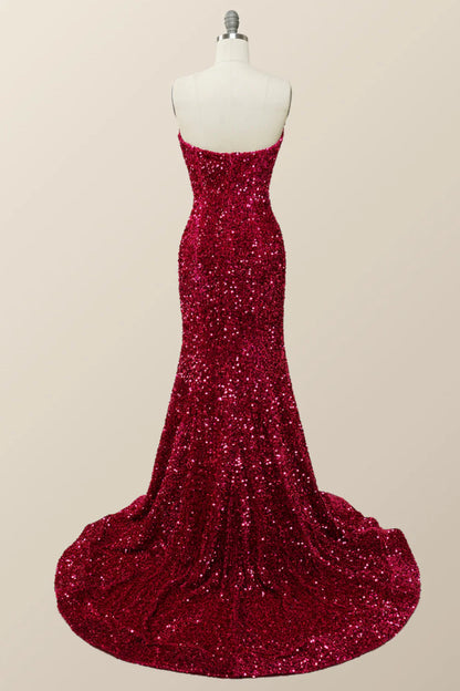 Strapless V Neck Fuchsia Sequin Mermaid Party Dress