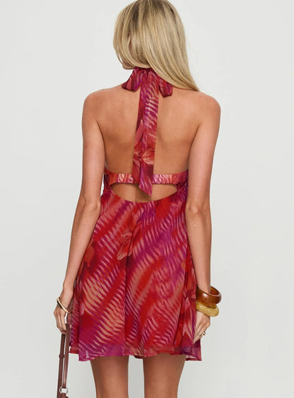 Magica Halter Keyhole Mini Dress Red Floral