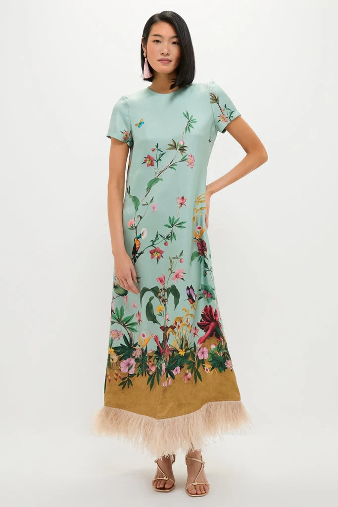 Zooflora Panel Swing Dress with Feathers