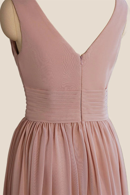 V Neck Blush Pleated A-line Long Dress