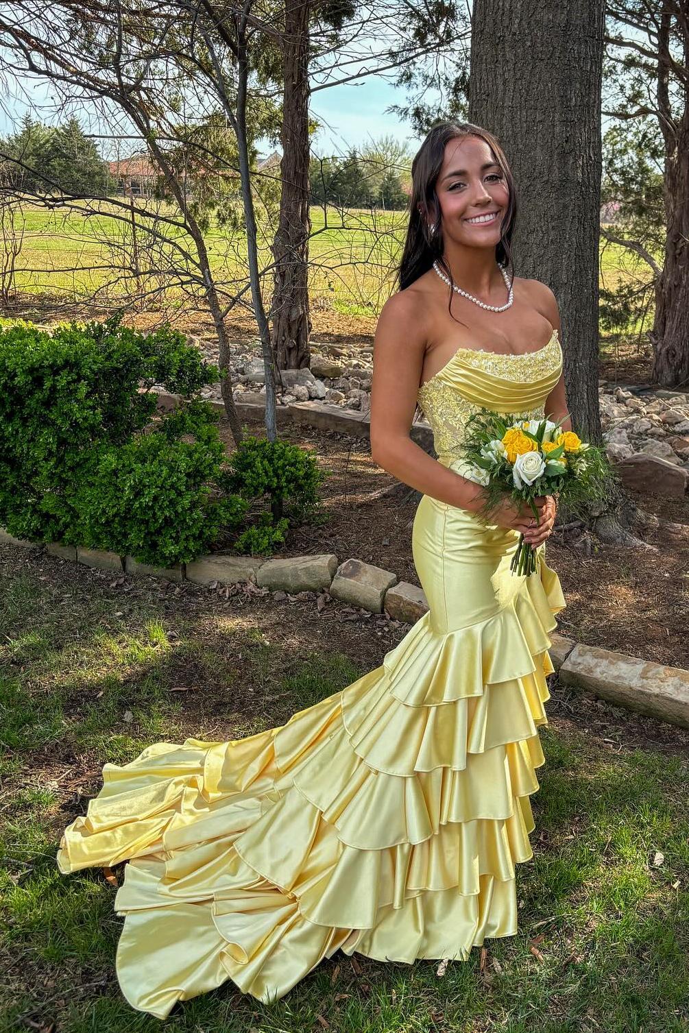 Strapless Lavender Appliques Satin Mermaid Ruffle Dress