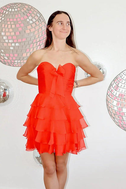 Strapless Red Chiffon Bow Ruffle Short Dress