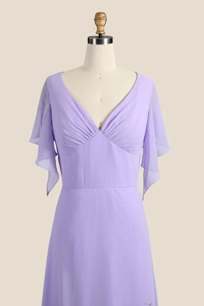 V-neck Lilac A-line Chifoon Bridesmaid Dress