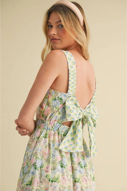 Emma Mae Mixed Floral Prints Back Bow Midi Dress