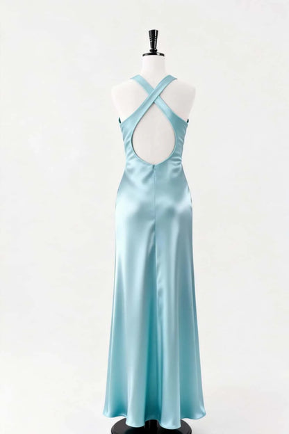 V Neck Light Blue Satin Long Dress