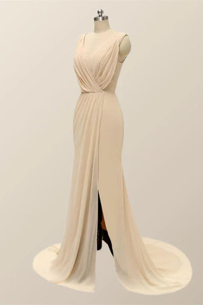 V Neck Blue Pleated Chiffon Long Bridesmaid Dress