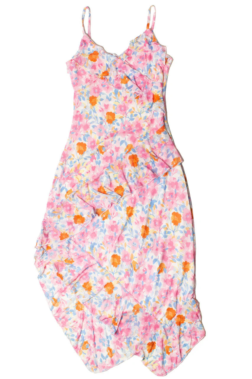 Floral Asymmetrical Hem Ruffle Mesh Midi Dress