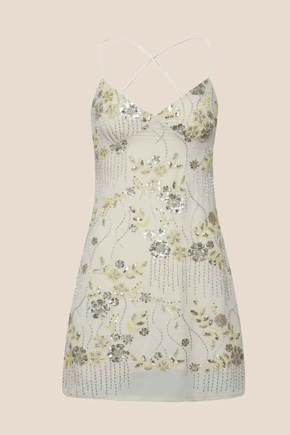 Yellow Beaded Straps Fitted Short Dress